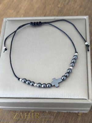 Черна регулируема корда с красив кръст от естествен графитен хематит и малки 4 мм топчета хематит на гривна за крак или ръка - GA3017